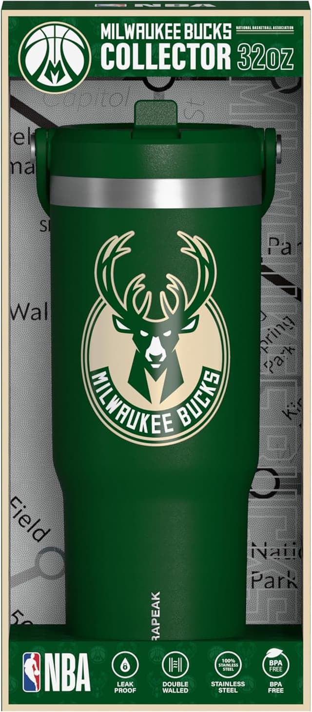 Detalle de Hydrapeak x NBA 32 oz Stainless Steel Tumbler (Milwaukee Bucks) with Straw, Lid & Handle