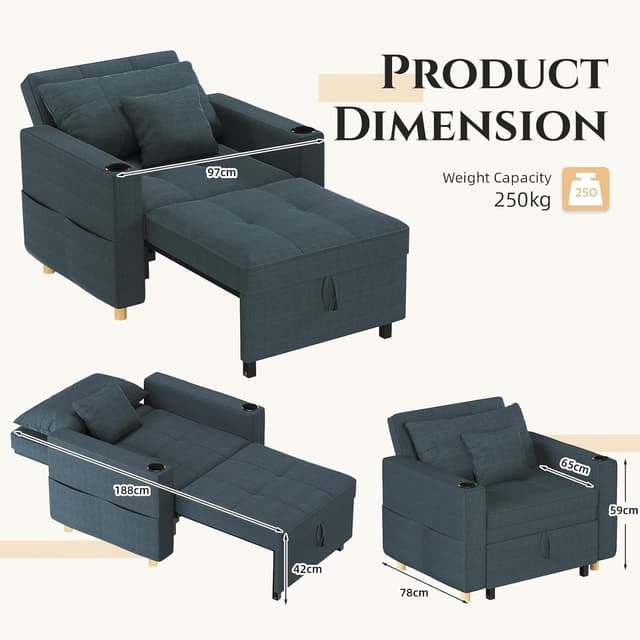 Detalle de YODOLLA 3-in-1 Convertible Sleeper Chair Bed (192cm) – Blue