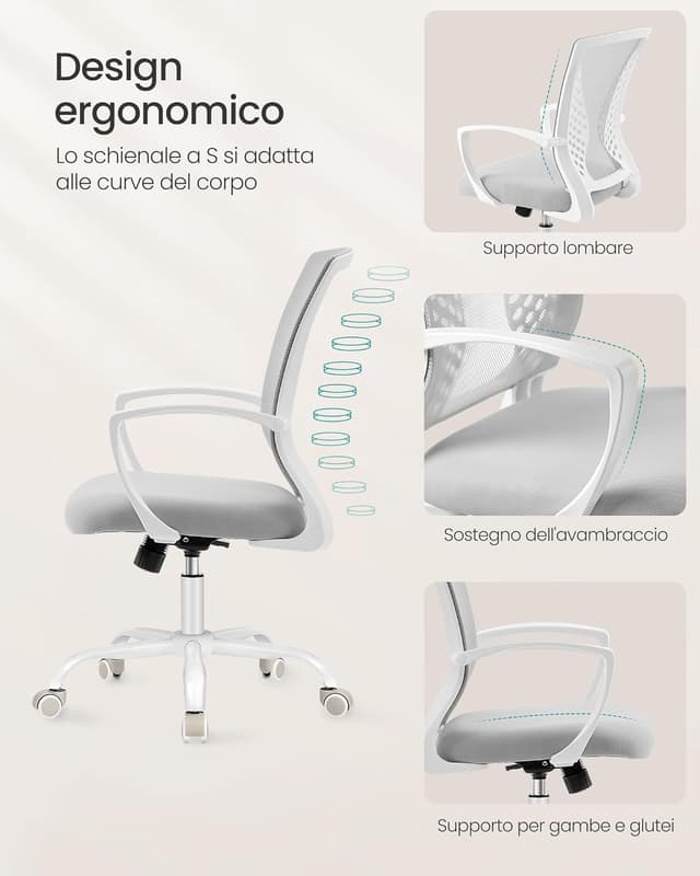 Detalle 2 de SONGMICS Sedia da Ufficio girevole OBN022GD01 con seduta e schienale in rete