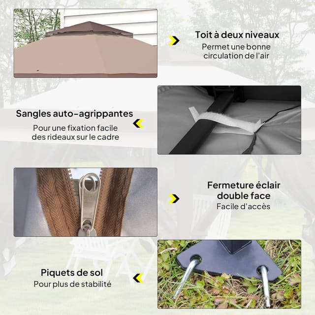 Detalle 2 de Outsunny Tonnelle de jardin pliante 3,6x3,6 m à double toit avec moustiquaires et sac de transport à roulettes