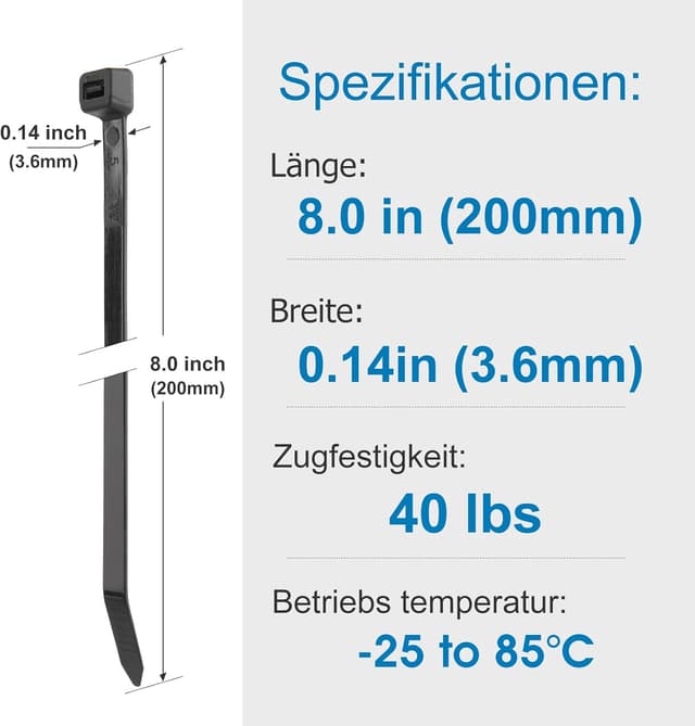 Detalle 2 de Yaluzibi 1000 Stück Kabelbinder schwarz (200 mm x 3,6 mm), Nylon UV-beständig, selbstsichernd