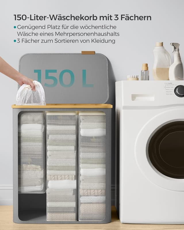 Detalle de SONGMICS Wäschekorb 3 Fächer mit Deckel 150 L