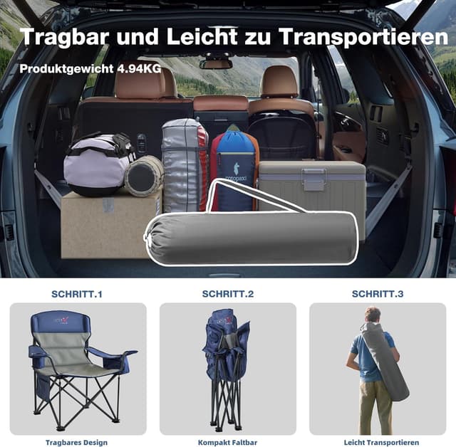 Thumbnail 5 de RELAX FIELD Campingstuhl faltbar bis 200 kg mit hoher Rückenlehne, Getränkehalter und Kühltasche (blau)