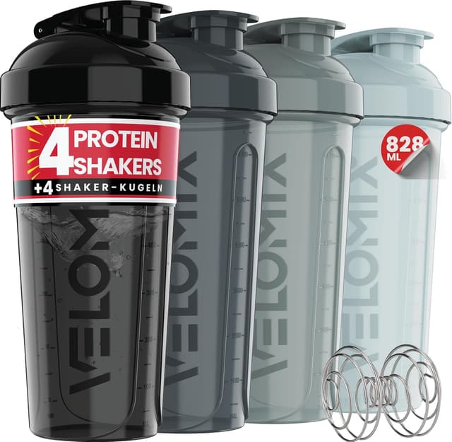 Detalle de VELOMIX 4er-Set Eiweiß-Shaker 828 ml (BPA-frei, auslaufsicher, spülmaschinengeeignet)