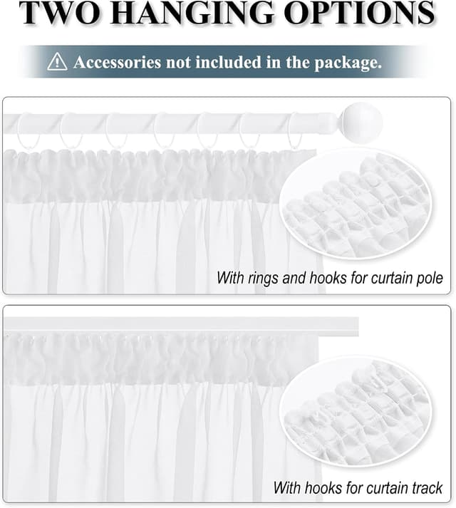 Detalle de PONY DANCE Stores Gardinen mit Kräuselband für Schienensystem – 2er-Set, 245 x 140 cm pro Stück, weiß transparent