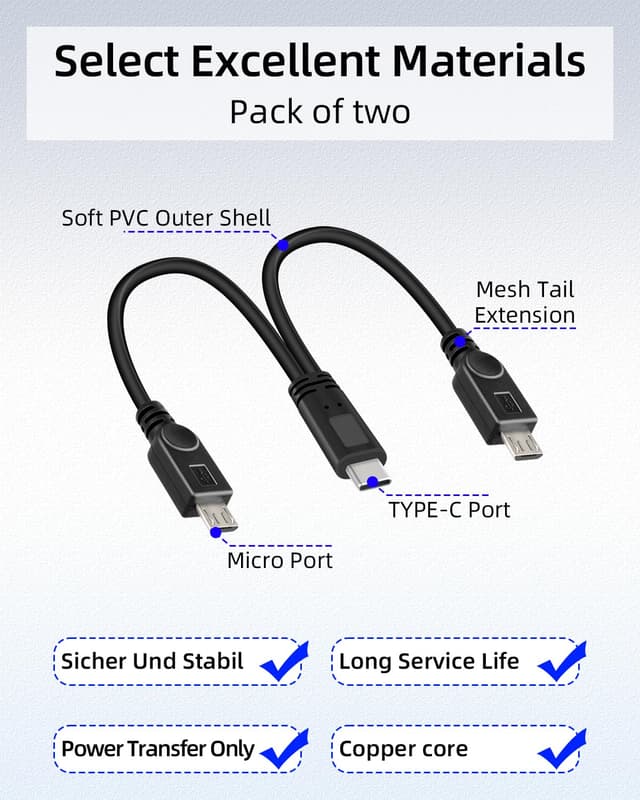 Detalle de YANBORONSN 2-in-1 Multi Micro-USB Splitter Ladekabel (USB-C Stecker auf 2× Micro-USB), 2er Pack – kein Datenverkehr