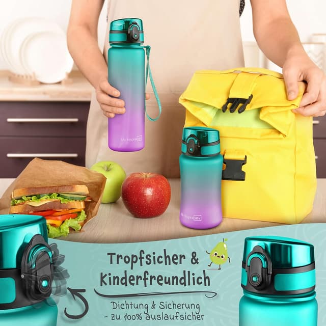Detalle 2 de My Vesperbox Minny Kinder-Trinkflasche auslaufsicher 500 ml mit Strohhalm oder Sieb (Tritan, BPA-frei) – Lila/Grün