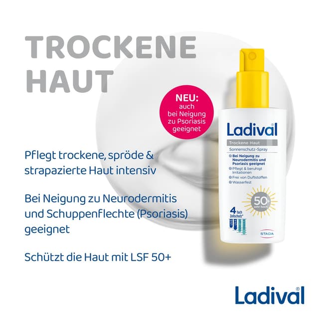 Detalle de Ladival Sonnenschutz Spray LSF 50+ für trockene Haut (bei Neurodermitis-Neigung) – wasserfestes Spray mit Hyaluronsäure, 150 ml