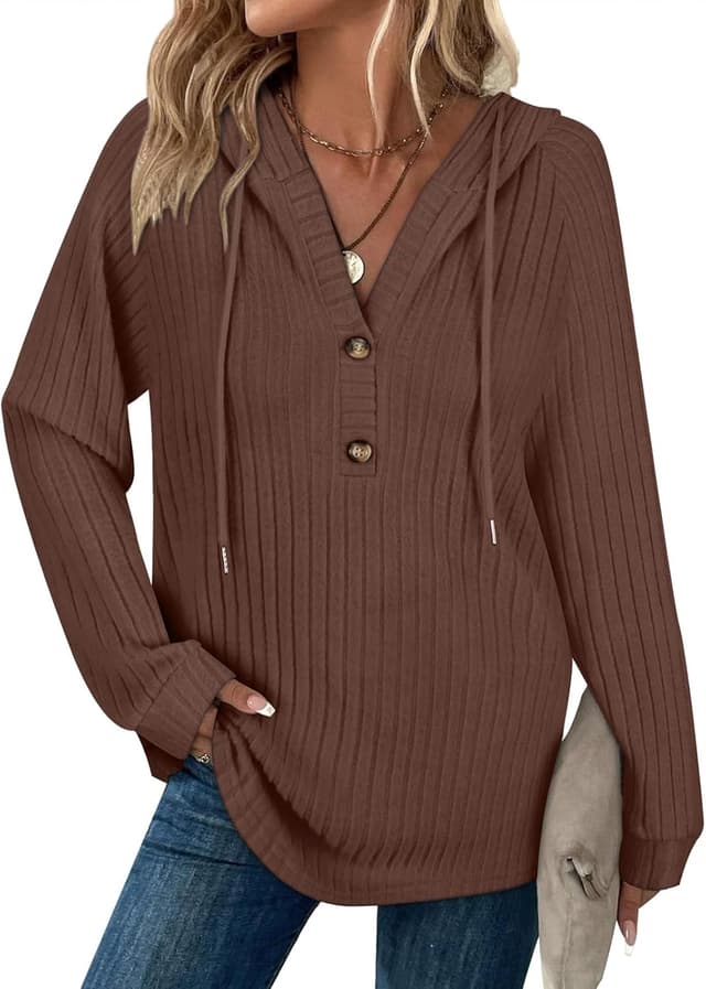 Detalle de Syphiby women’s long sleeve hooded tunic jumper with drawstring, V-neck & button front