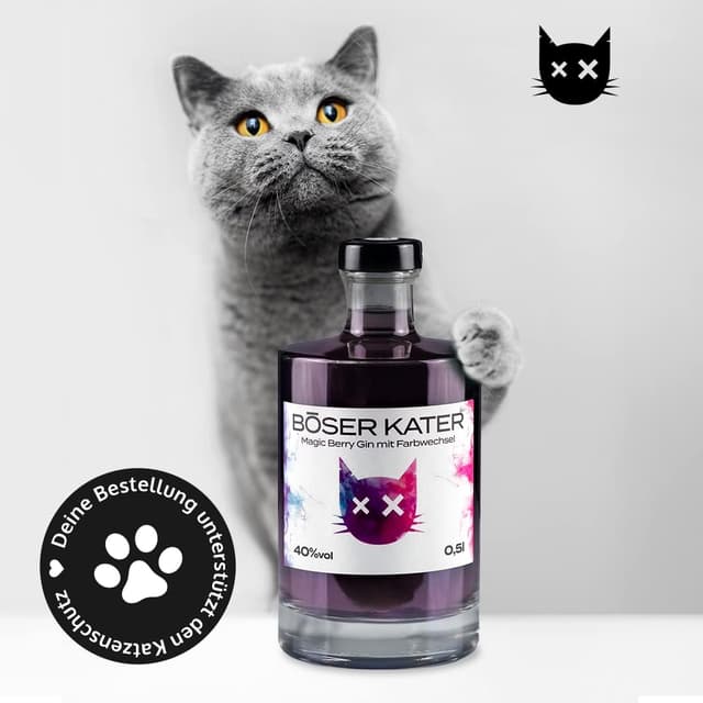 Detalle de BÖSER KATER Magic Berry Farbwechsel-Gin Geschenkset mit 2 Gläsern (0,5 l, 40% Vol.)