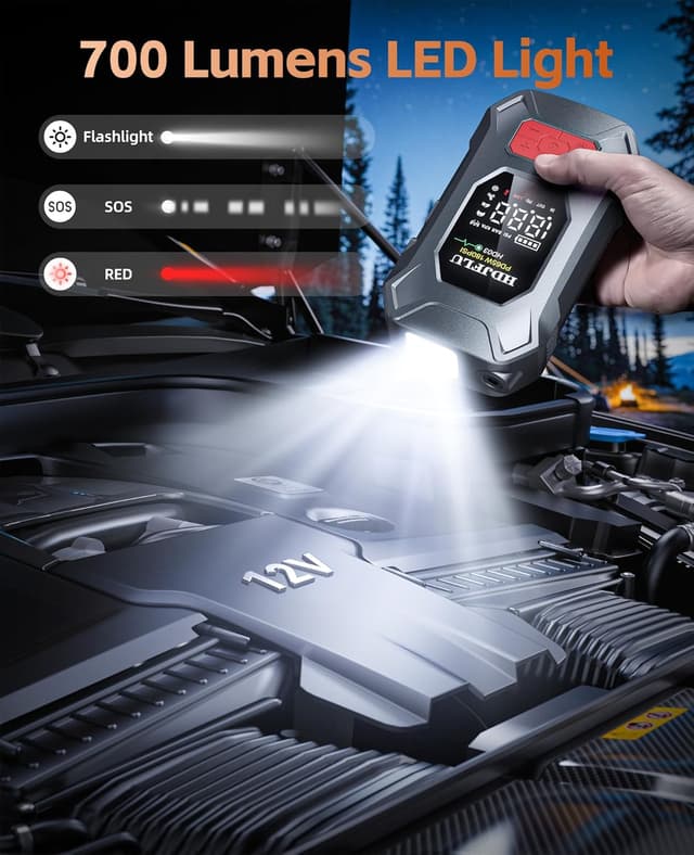 Detalle de Jump starter 7500A con compressore 180 PSI, ricarica 65W e batteria portatile 24.000 mAh per auto 12V