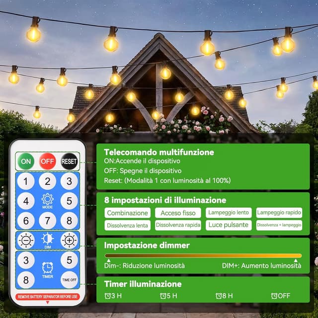 Detalle de FGRYB Catena luminosa da esterno solare FGRYB con lampadine G40 da 15 m, ricarica ibrida USB-C e telecomando
