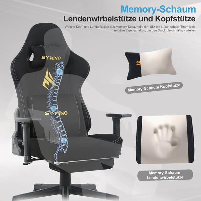 Detalle de Symino Gaming-Stuhl mit Latex-Sitzkissen, Memory-Schaum-Lendenstütze & 300 kg Belastbarkeit – schwarz