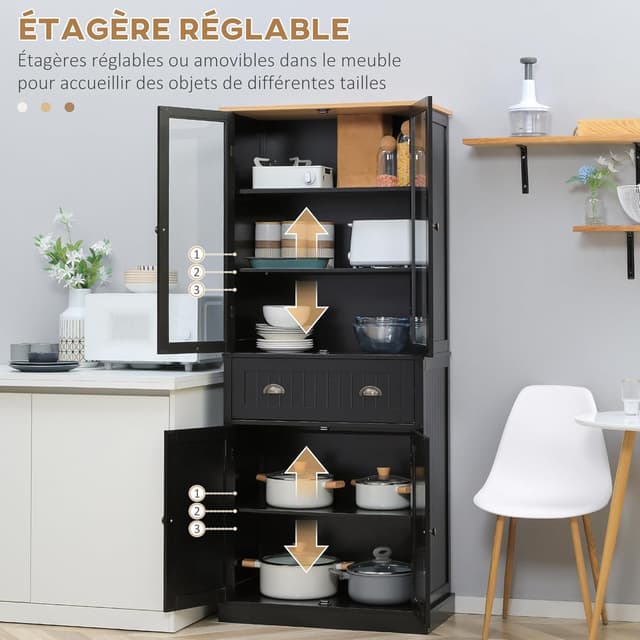 Detalle de HOMCOM Buffet de cuisine noir avec 4 portes dont 2 vitrées et tiroir, 182,5 cm de hauteur