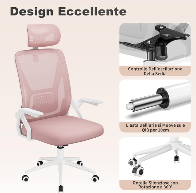 Thumbnail 6 de naspaluro Sedia da Ufficio rosa con braccioli ribaltabili, poggiatesta e schienale in rete traspirante