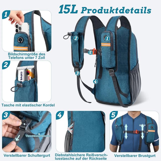 Detalle 2 de BECOJADDE 15L Wanderrucksack Türkis