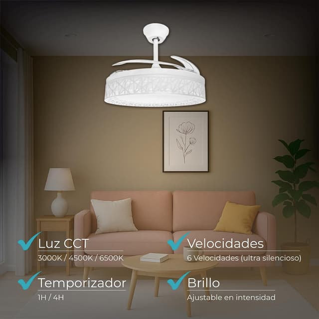 Detalle de LED ATOMANT ventilador de techo con luz LED 40W, motor DC 32W y 4 aspas retráctiles de Ø109 cm