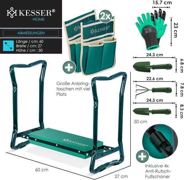 Detalle de KESSER® 2-in-1 XXL Kniebank für Gartenarbeit (klappbar) mit Werkzeugtaschen und Handschuhen