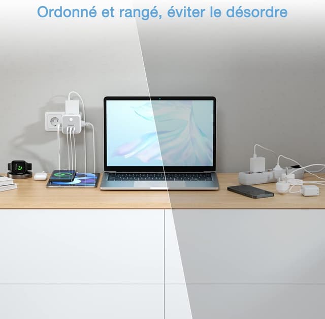 Detalle de TESSAN 6 en 1 chargeur mural USB avec multiprise française et 3 ports USB C/A, interrupteur et boîtier cube
