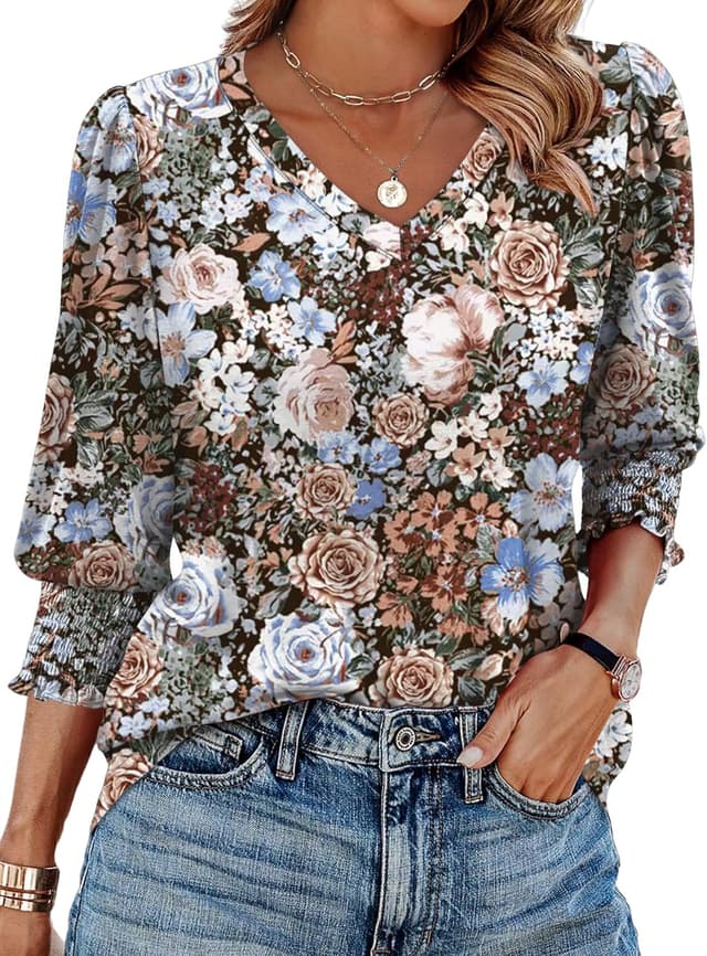 Thumbnail 6 de Aokosor Womens 3/4 Sleeve V-Neck Blouses Puff Sleeve Tunic Top with Smocked Cuffs