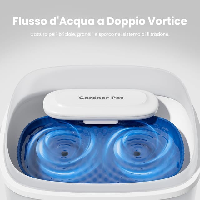 Detalle 2 de Gardner Pet Fontana d’acqua a vortice ultra silenziosa con filtro 3,78 L per cani e gatti, serbatoio trasparente