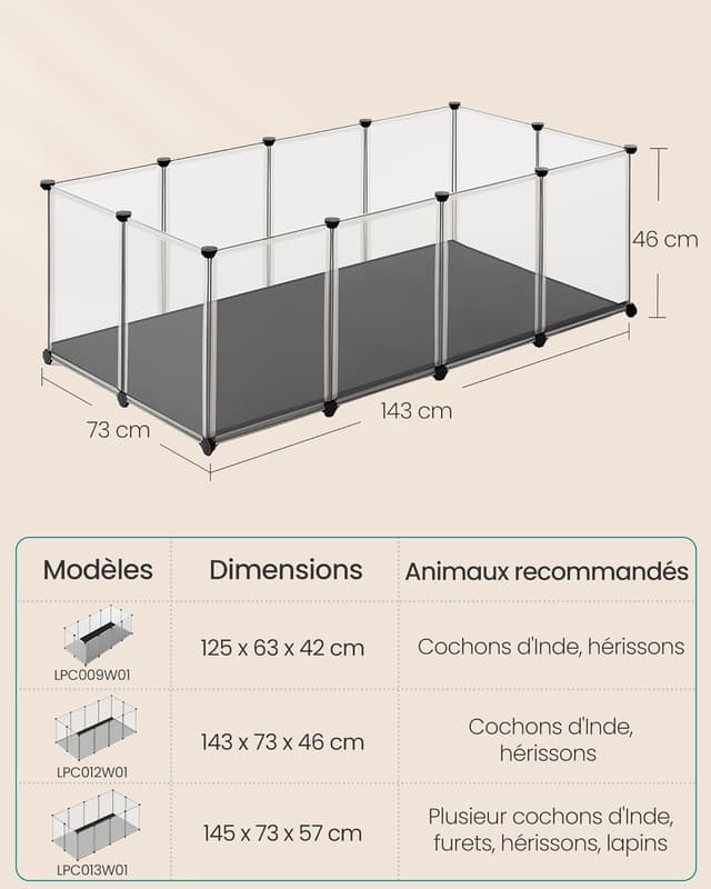 Detalle 2 de Enclos SONGMICS blanc LPC012W01 pour petits animaux avec plancher et tapis imperméable amovible (143 x 73 x 46 cm)