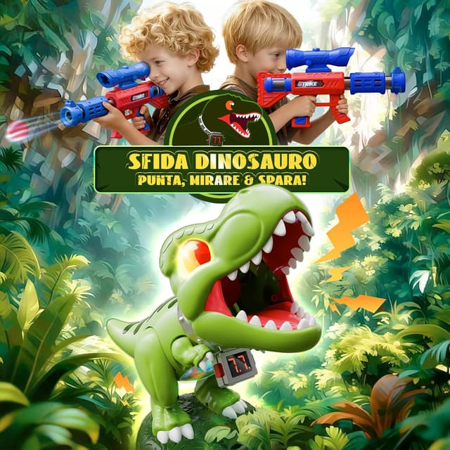 Detalle de Dinosauro giocattolo di tiro con 2 pistole a pompa d’aria e luci, mirino e contatore LED (3–10 anni)