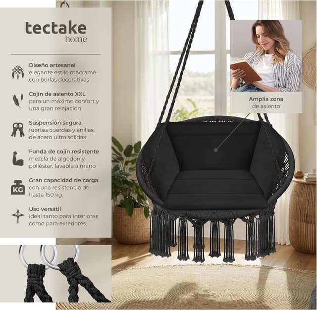 Thumbnail 1 de tectake Columpio Jardín Exterior Silla Colgante con Cojín