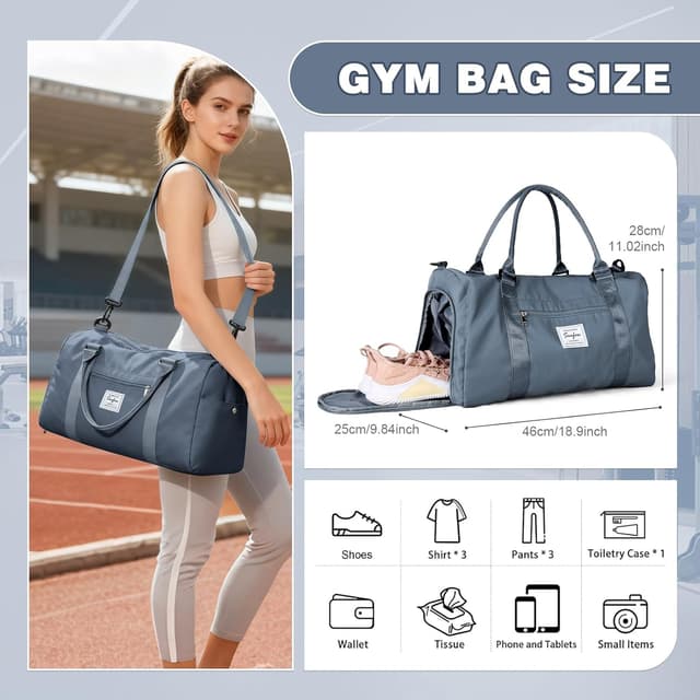 Detalle de WEPLAN waterproof sports gym bag with shoe compartment for travel (gray blue)