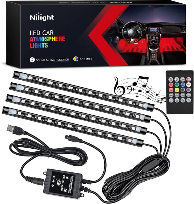 Detalle de Nilight 48-LED DC 5V Multicolor Music Car Strip Light Kit with Sound-Active + Wireless Remote (4 USB Interior Lights)