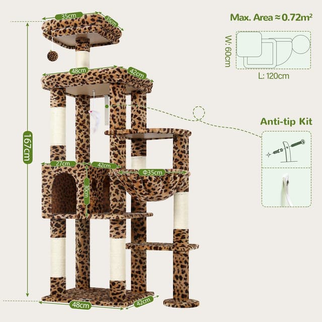 Detalle 2 de Globlazer Kratzbaum Leoparden (167 cm) mit breiter gepolsterter Plattform – XL Katzenhaus, Kratzstangen & Spielzeug