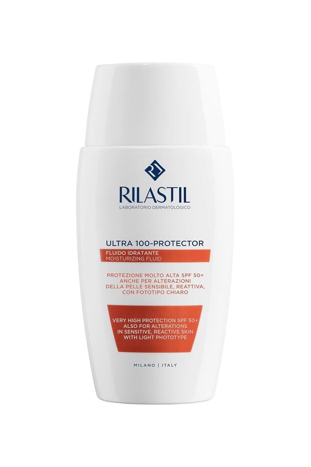 Detalle de Rilastil Fluid 100 – feuchtigkeitsspendende, schützende Emulsion mit ultraleichter Textur (50 ml)