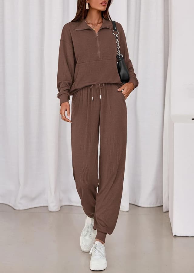 Detalle de PRETTYGARDEN Women’s Fall 2-Piece Lounge Set (Half-Zip Sweatshirt & Drawstring Jogger Pants)