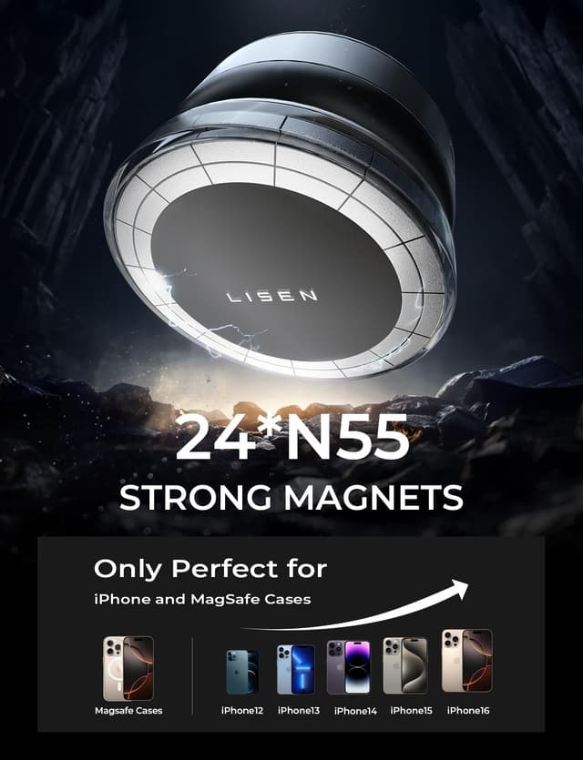 Detalle 1 de LISEN Suction Phone Mount (Electric Vacuum + Magnetic) for iPhone 12–16, 360° Adjustable Travel Vlogging Holder