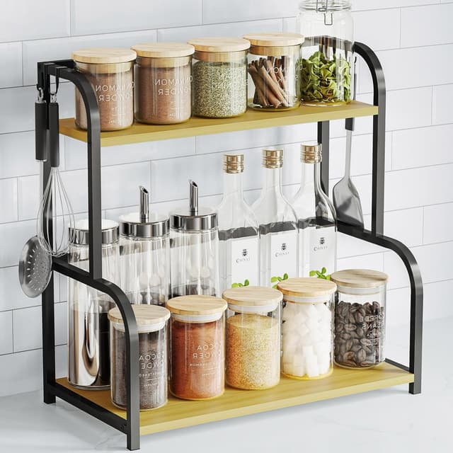 Detalle de Kitchen Shelf Organiser Coffee Station – 2-Tier Black Wooden Countertop Spice Rack Storage Unit