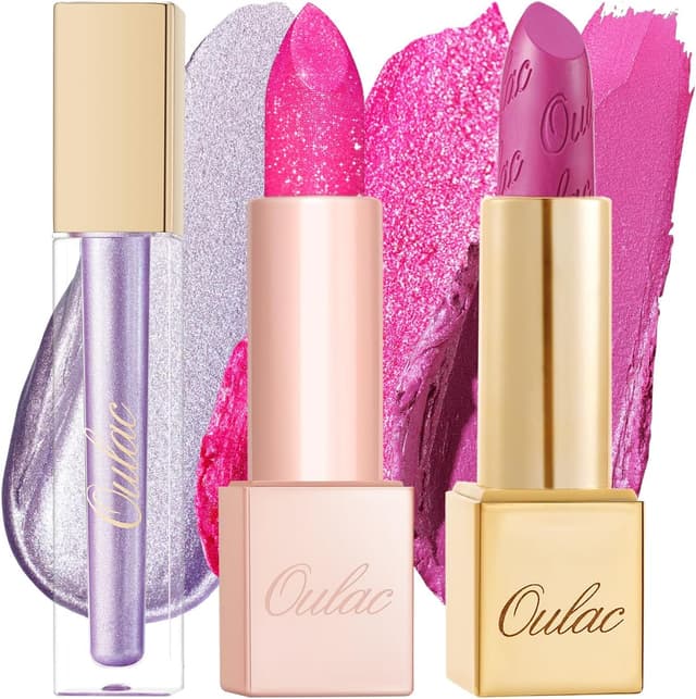 Detalle de OULAC Purple Pink Metallic Lipstick Kit (MD02 + D02 + MSD15) – 3-Piece Shimmer & High Pigment Set