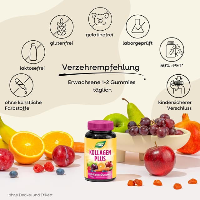 Detalle de Kollagen Gummibärchen mit Biotin, Zink und 2.500 µg Biotin (Erdbeer) – 60 vegane Vitamin Gummies