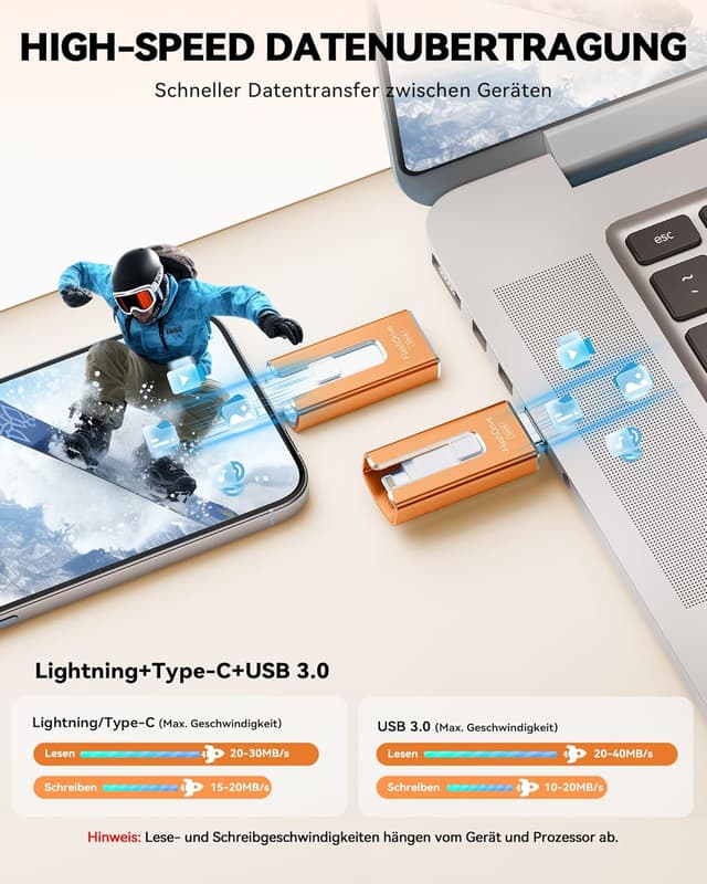 Detalle de SUDEHO USB Stick 256 GB für iPhone (MFi-zertifiziert) – 4-in-1 Flashlaufwerk mit Plug-and-Play Backup