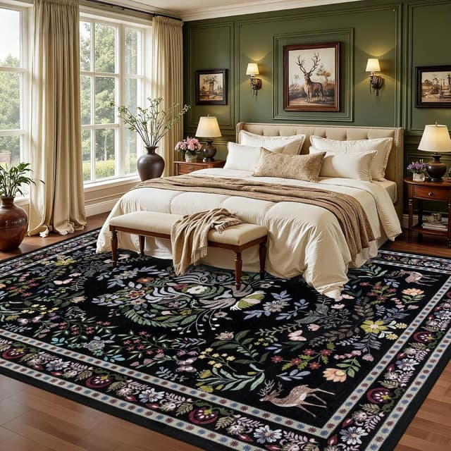 Detalle 2 de 9x12 Area Rugs Living Room Rug (Vintage Washable, Floral Animal Print) Non-Slip, Low Pile, Stain Resistant