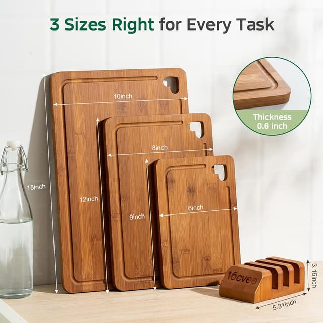 Detalle 2 de Vocvee Bamboo Cutting Boards for Kitchen (Set of 3) with Storage Stand, Juice Groove & Dual-Sided Prep/Serving