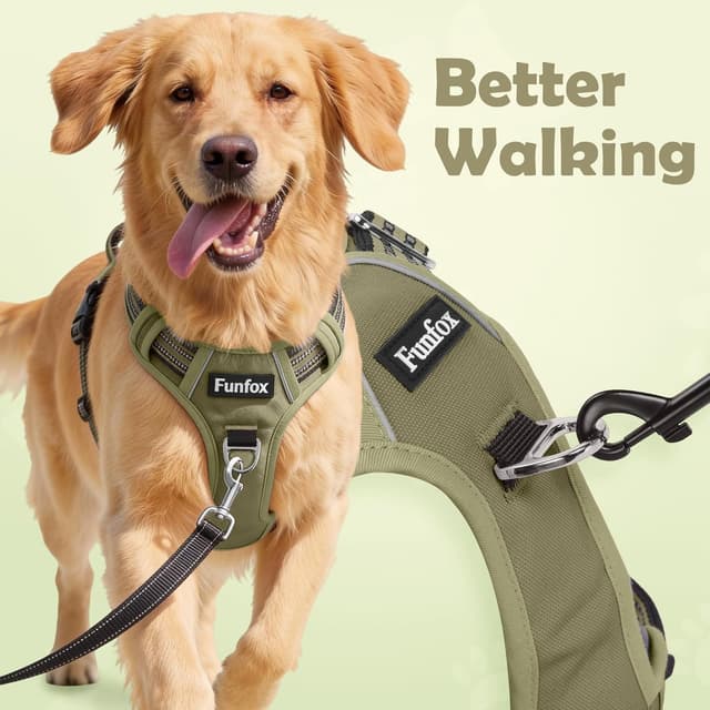 Detalle de Funfox Dog Harness Small (Army Green) – No Pull Puppy Vest with Vertical Handle, Reflective Strips & Adjustable Fit