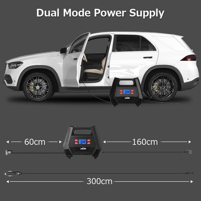 Detalle de Oasser Tyre Inflator Air Compressor 150 PSI (12V car/240V mains) with LED light and 5 nozzle adaptors