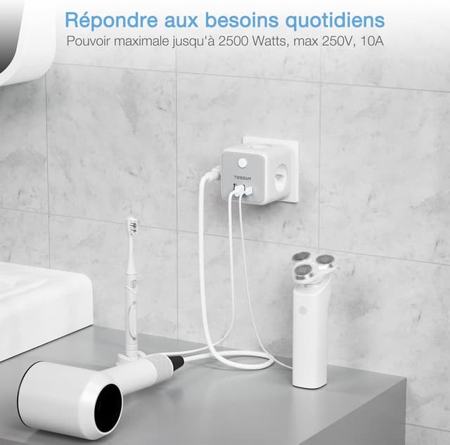 Detalle de TESSAN 6 en 1 chargeur mural USB avec multiprise française et 3 ports USB C/A, interrupteur et boîtier cube