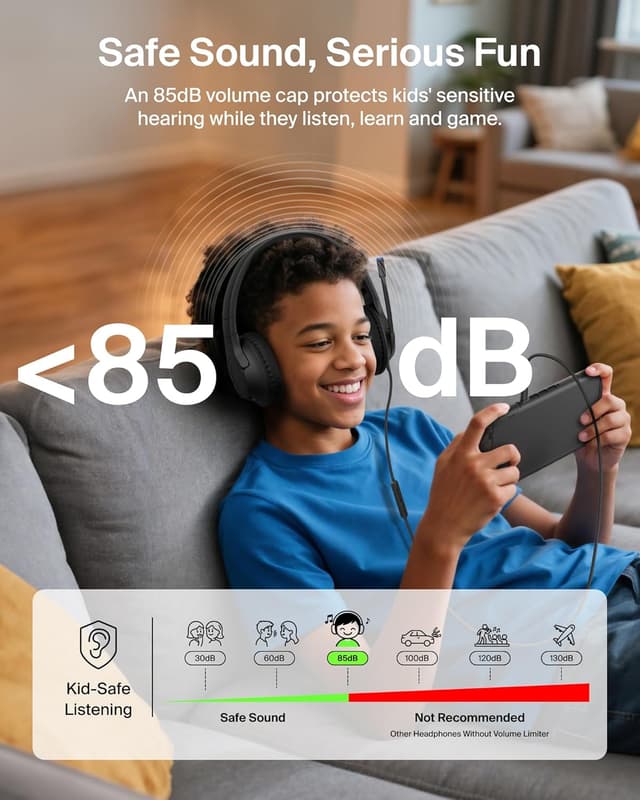 Detalle de Belkin Gaming Inspire Kids Wired Headphones with USB-C Dongle (85dB safe volume limit) – Black