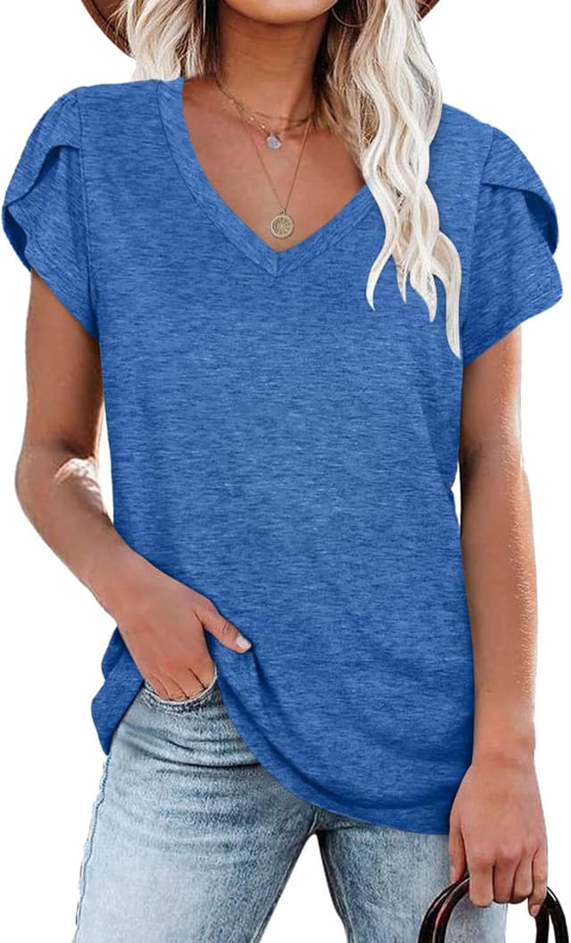 Thumbnail 6 de PLOKNRD Damen-T-Shirt mit V-Ausschnitt und Blütenblattärmeln für Sommer & Freizeit