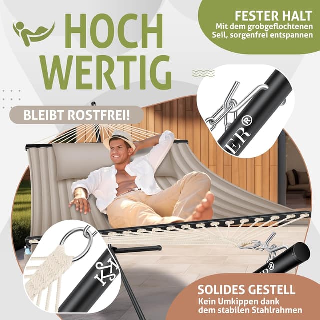 Detalle 2 de KESSER® Hängematte Hill mit Gestell, Kissen & Doppel-Hängesessel für 2 Personen (bis 200 kg) – Taupe