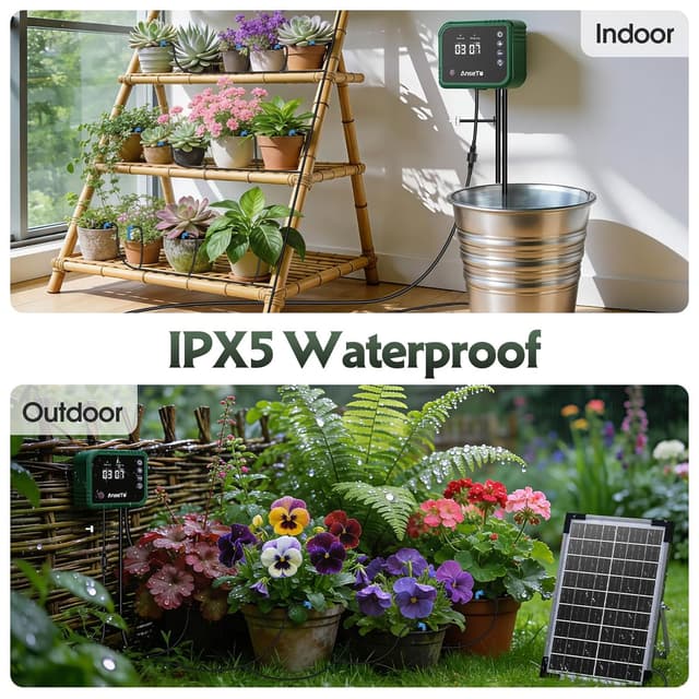 Detalle 2 de AnseTo Arrosage goutte à goutte solaire 8 W avec minuterie – kit d’irrigation 35 m et 30 goutteurs