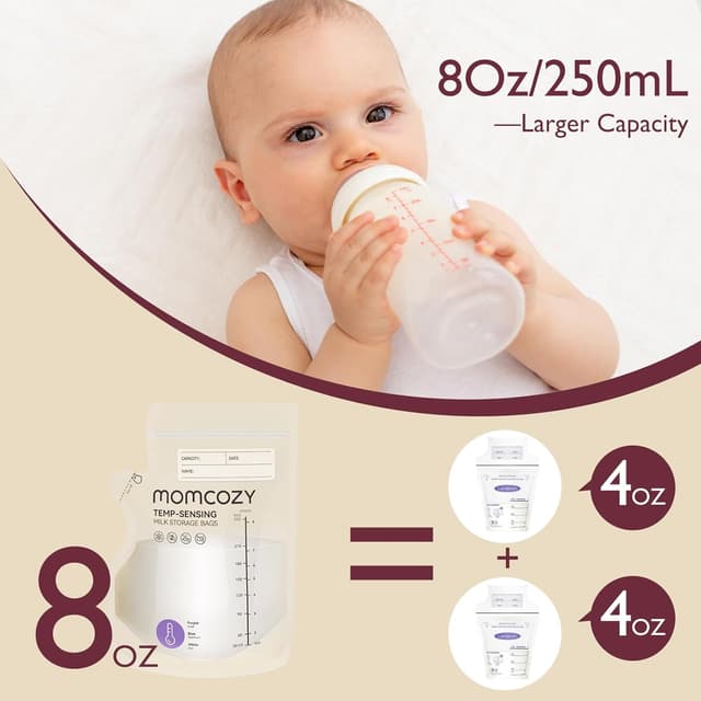 Detalle de momcozy Easy Pour Breastmilk Storage Bags (250ml) with Temp-Sensing Colour Change, 120 Count