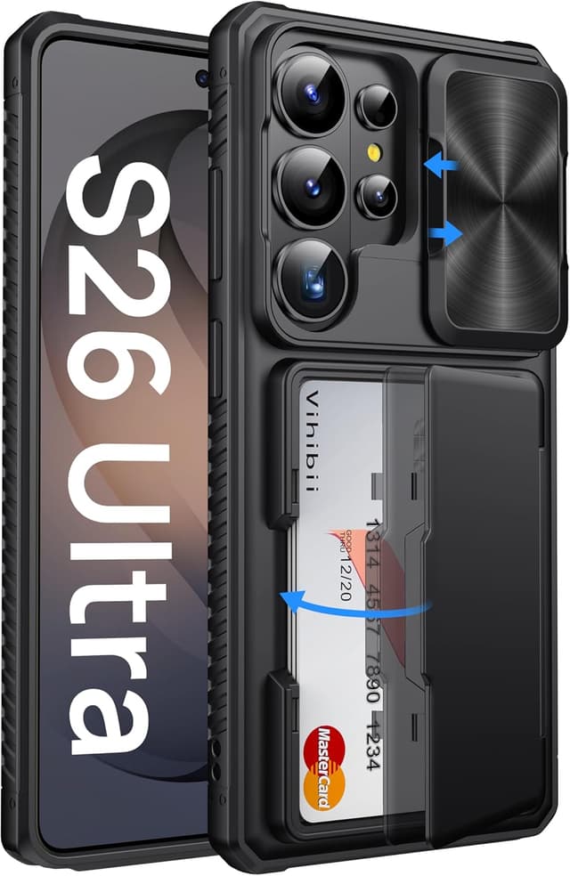 Detalle de Vihibii for Samsung Galaxy S26 Ultra 6.9" Case Wallet with Card Holder (up to 4 cards) – Slide Camera Cover, Military-Grade Drop Protection, Black