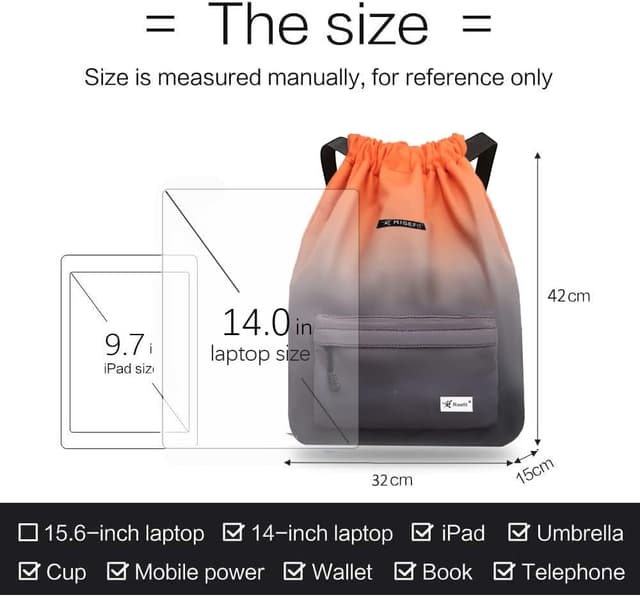 Detalle de Risefit Waterproof Swimming Bags Drawstring Gym Bag Backpack for Adults – waterproof storage with pockets